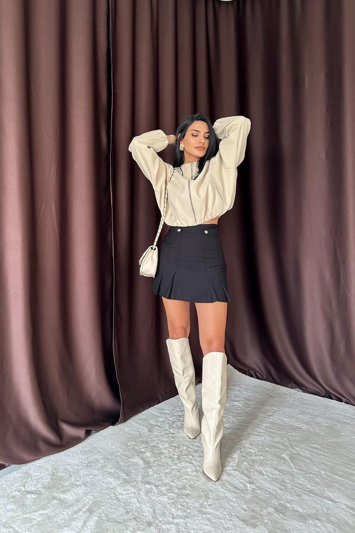 Button Detailed Pleated Skirt - Black