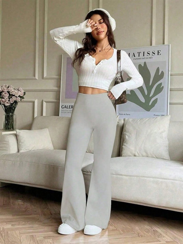 Grey High-Waist Palazzo Pants with Flared Leg