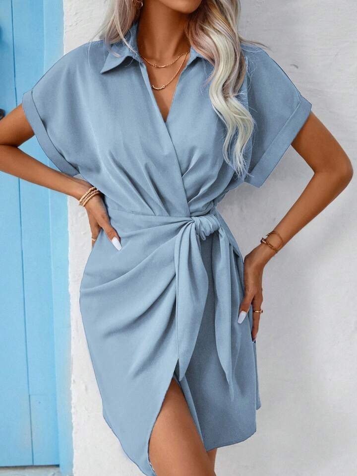 Blue Wrap Dress with Notched Neck & Short Sleeves