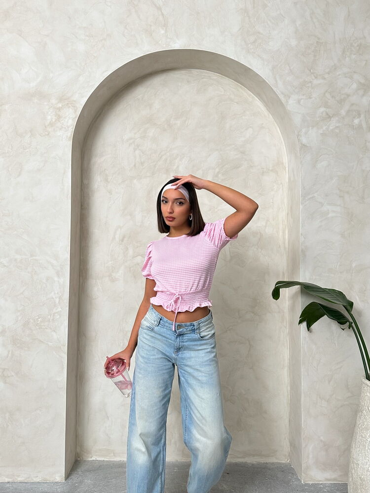 Pink Gingham Blouse with Smocked Waist Detail