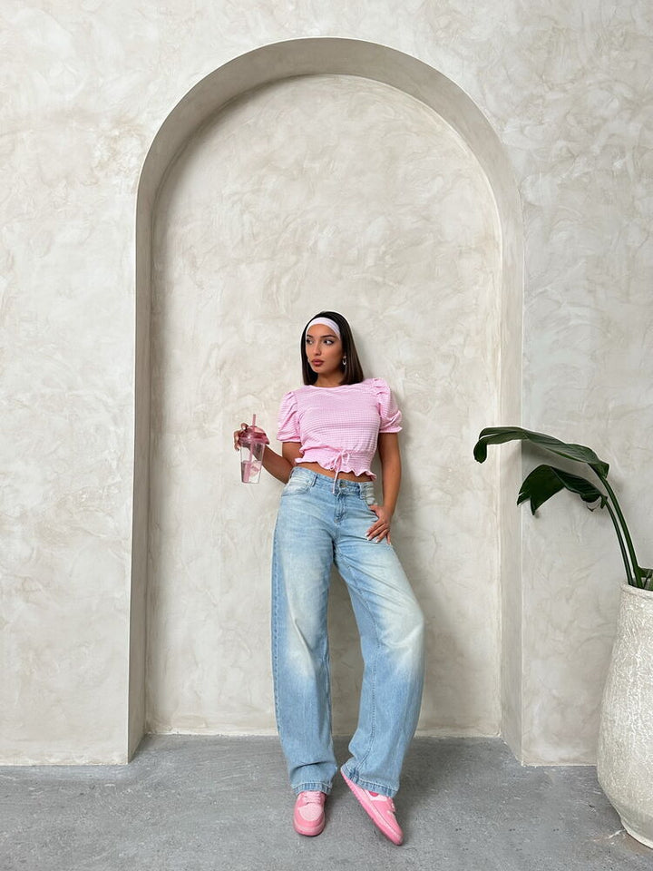 Pink Gingham Blouse with Smocked Waist Detail