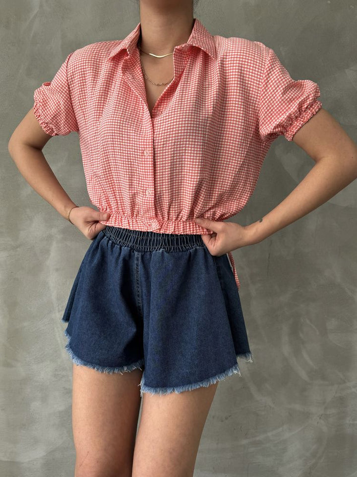 Orange Gingham Shirt with Elasticated Waist