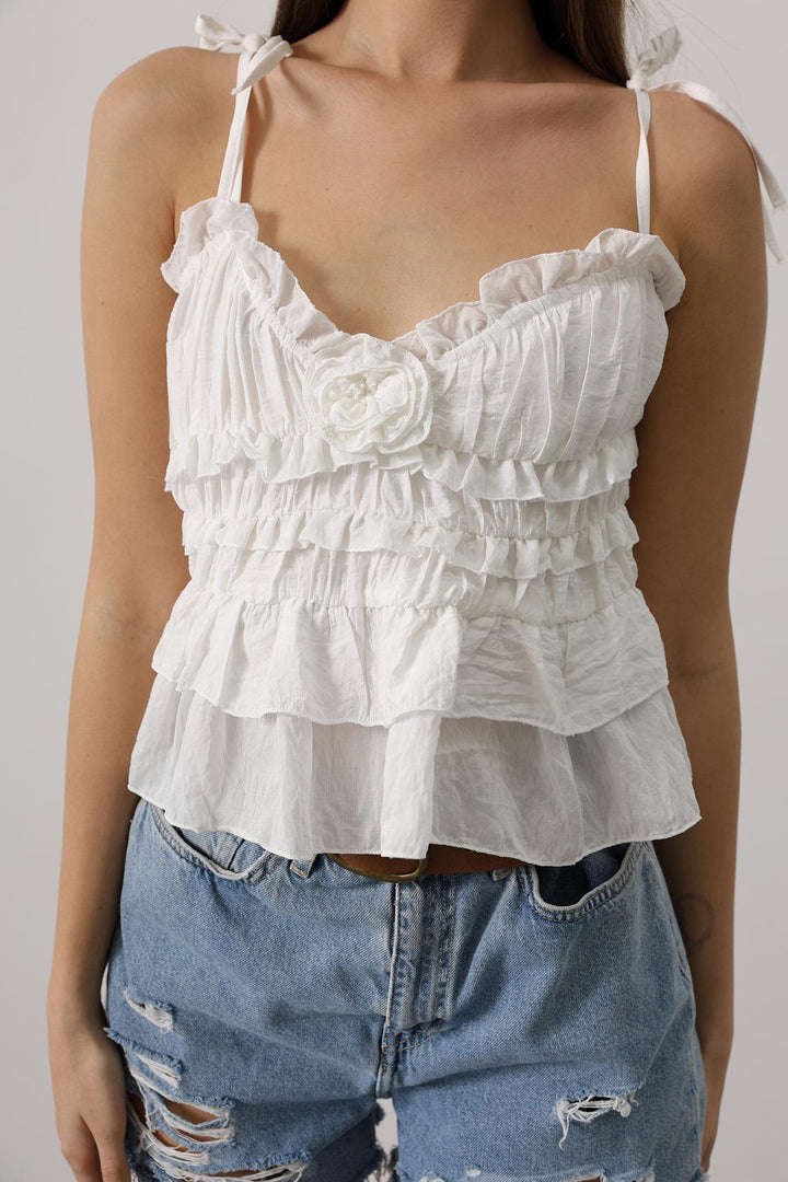 White Boho Sleeveless Blouse with Sweetheart Neckline