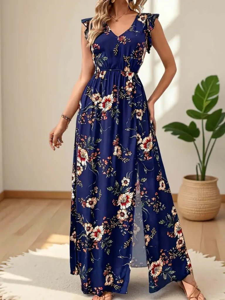 Navy Blue Floral V-Neck Dress with Ruffle Sleeves