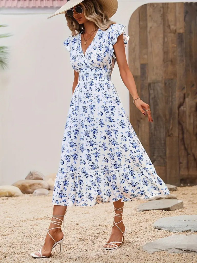 White Floral Short Sleeve Dress