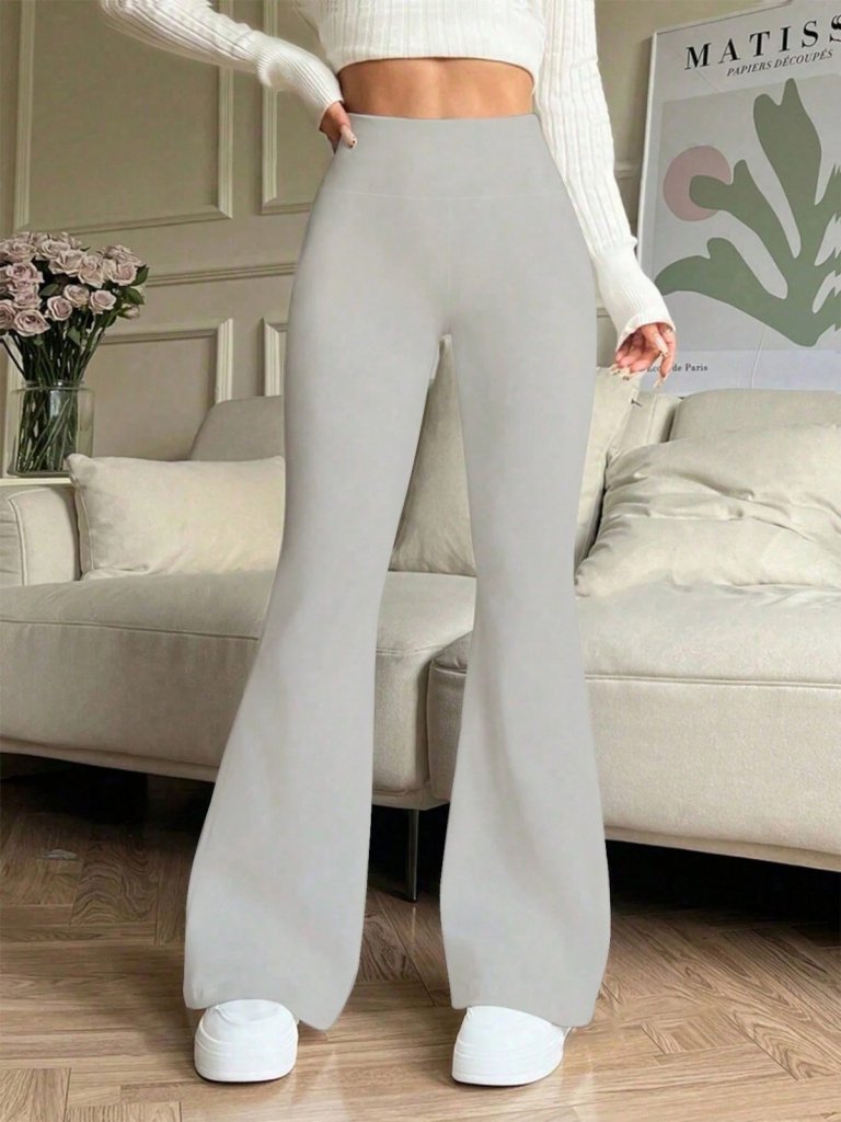 Grey High-Waist Palazzo Pants with Flared Leg