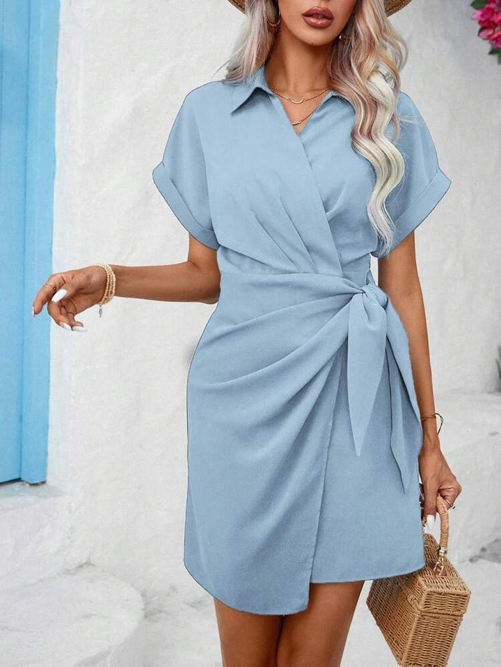 Blue Wrap Dress with Notched Neck & Short Sleeves