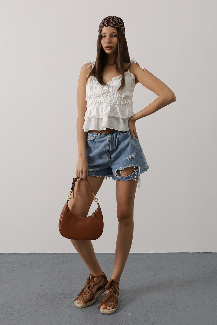 White Boho Sleeveless Blouse with Sweetheart Neckline