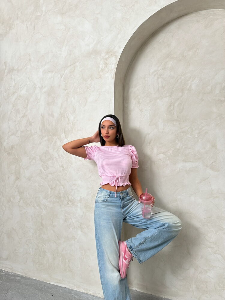 Pink Gingham Blouse with Smocked Waist Detail