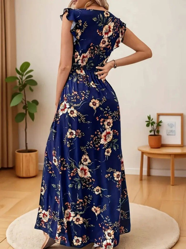 Navy Blue Floral V-Neck Dress with Ruffle Sleeves