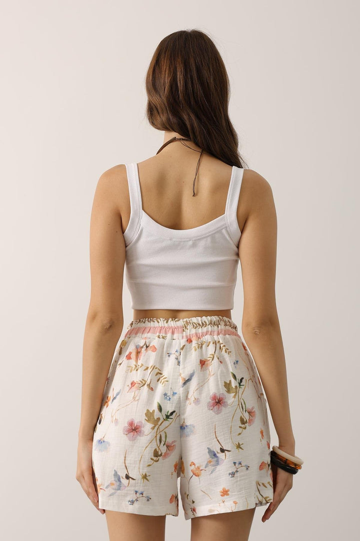 White Floral Paperbag Waist Shorts